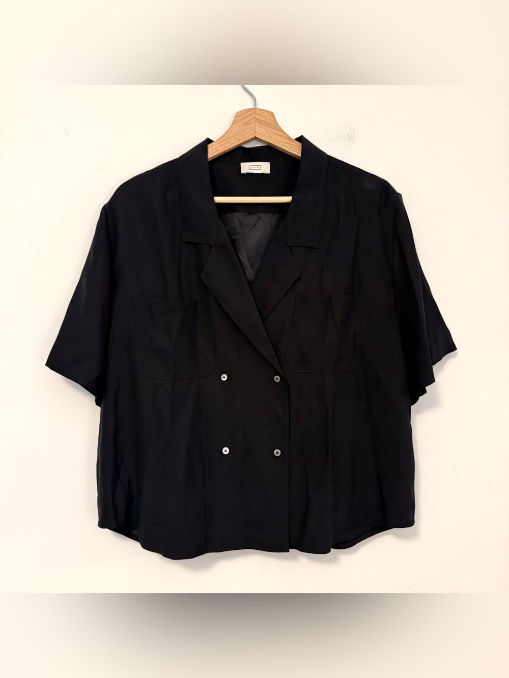 AYR Doppio Silk Shirt Black Size L Double Breasted Short Sleeve Blouse 100% Silk